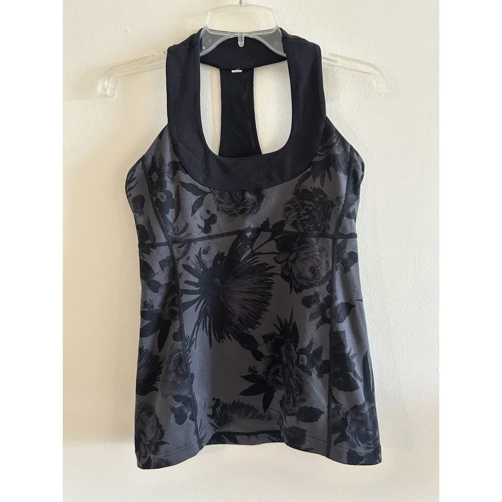Lululemon Midnight Black Flower Scoop Neck Tank Top Size 6 Yoga Shirt
